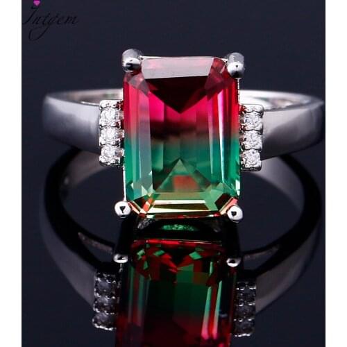Multicolor Rainbow Gemstone Ring Large Rectangular 10 * 14MM Tourmaline Craft Zircon Ring Female Engagement Wedding Party Gift