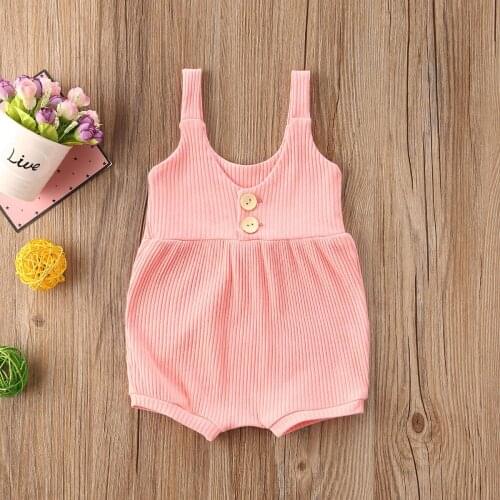 0-24M Newborn Infant Baby Girls Rompers Summer Sleeveless Causal Button Solid Jumpsuits Cute Baby Girl Clothing
