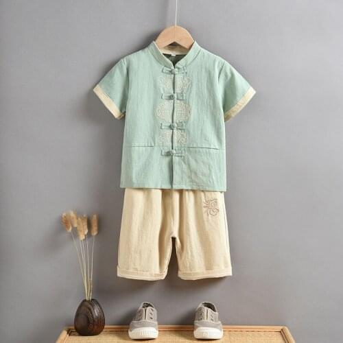 Summer Chinese Style Traditional Clothing for Boys Confucius Hanfu Embroidery Cotton Tang Suit New Year Outfit Short Sleeve