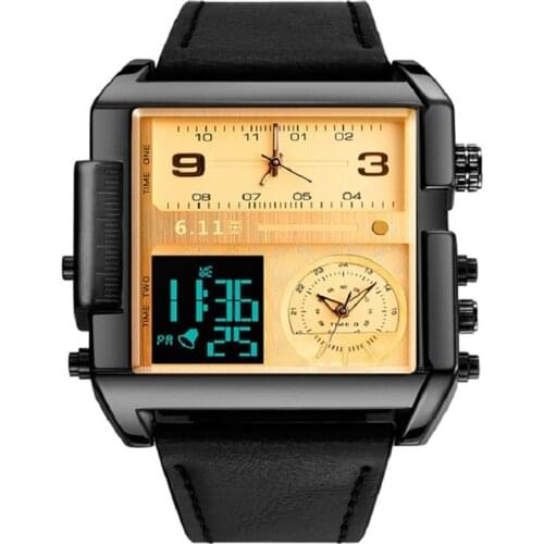 6.11 Mens Dual Display Watch 30M Waterproof Quartz Square LED Digital Sport Watch Leather Colock Strap Relogio Masculino