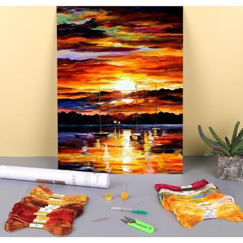 Gold Sunset Printed Water-Soluble Canvas 11CT Cross Stitch Kit DIY Embroidery DMC Threads Hobby Craft Needlework