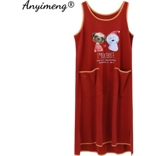 Night Gown 100% Cotton Summer Loose Size Korean Style Nightgown Womens Sleepwear Sleeveless Dress Cute Dogs Printing Camisolas