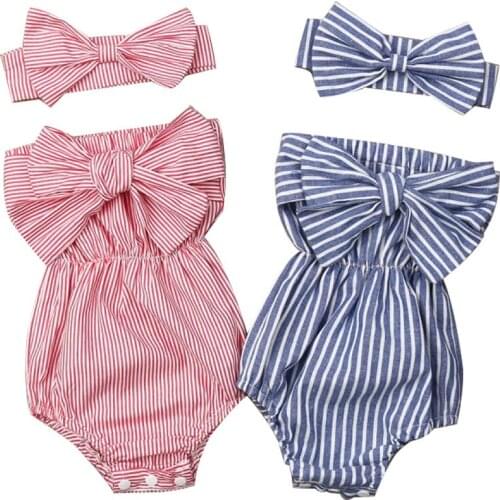 Newest Fashion Newborn Baby Girl Clothes Off Shoulder Bowknot Striped Bodysuit Jumpsuit Headband 2Pcs Outfits Set