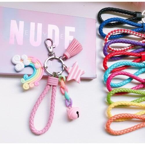 New Lovely Cute Rainbow Keychain Leather Strap Braided Rope Tassel Keychain for Women Girl Bell Star Lollipop Bag Charm Pendant