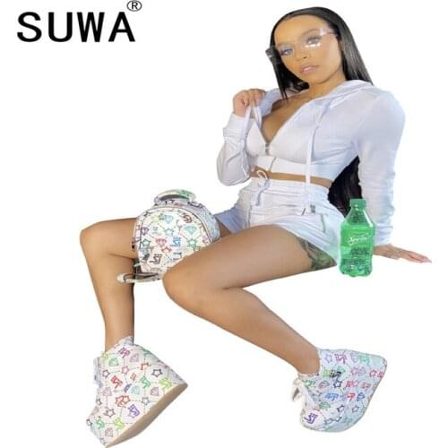 Wholesale Active Wear Womens Set Zipper Up Hoodies Shorts Jogger Pants Suit Tracksuit Sport Matching Two Piece Set Fitness