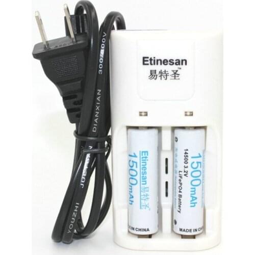 2pcs Etinesan 3.2v 1500mAh 14500 AA LiFePo4 Rechargeable Battery FOR Computer Horn Fan Earphone Telephone Microphone+Charger