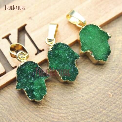 10Pcs Gold Color Hand Hamsa Pendant Green Druzy Crystal Pendant 19x13mm PM15278