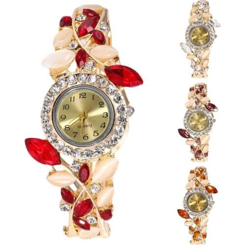 Luxury Women Lad Girls Dress Watches Rhinestone Leaf Round Dial Analog Open Bracelet Quartz Wrist Watch For Lover Anniversary