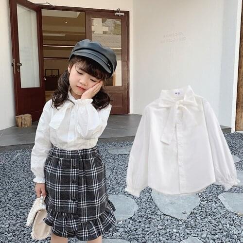 2 3 4 5 6 7 Y Toddler Girls Shirts Spring Autumn Korean Lace Bow Long Sleeve Shirts for Girl Baby Kids Blouse Child White Tops