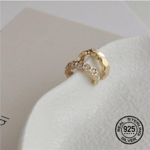 S925 Silver Earrings For Women Clip Gold Lingge Zircon Creative Retro Design Korea Fashion Lady Punk Gift Wedding Jewelry INEFFA