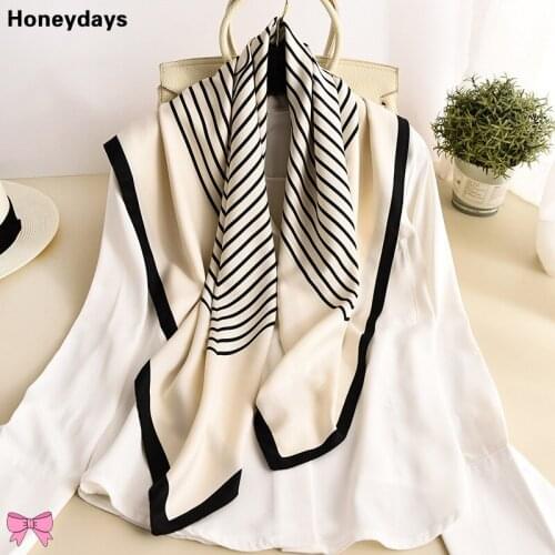 Temperament Stripe Perforated 90*90cm Square Scarf Silk Satin Hijab Female Wrap Hair Head Scarves Pareo Bandanna Wedding Shawls