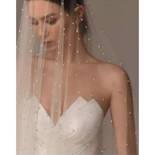 5 yards pearl bead tulle fabric, off white tulle lace fabric with pearls for bridal veils