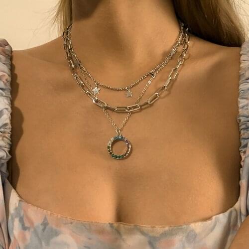 Vintage Gold Multilayer Star Choker Necklace Fashion Crystal Round Pendant Necklace for Women Clavicle Necklace Jewelry Gifts