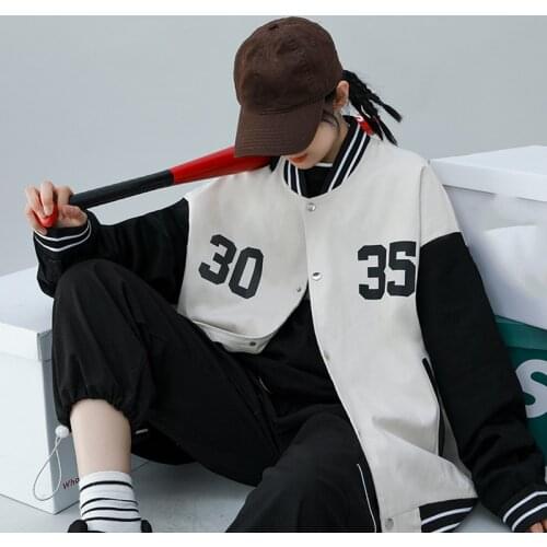 Streetwear Number Print Baseball Jackets Women Crew Neck Long Sleeve Loose Coats Student Fashion All Match Baseball Uniform