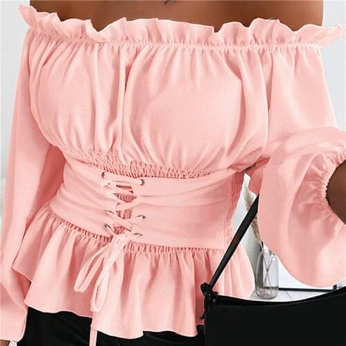 Off Shoulder Ladies Blouse Lace Up Front Ruffles Female Casual Blouse Summer Tops Spring Tops Blouses