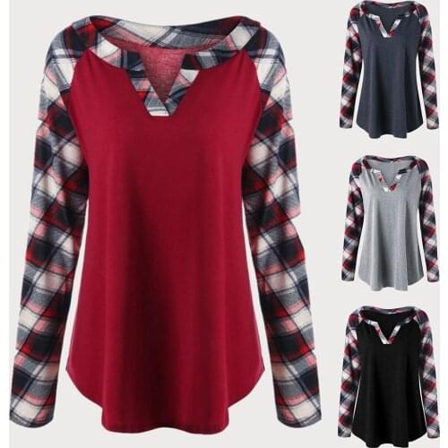 Spring Autumn Women Plaid Patchwork V Neck Long Sleeve Causals T-Shirt Loose Top