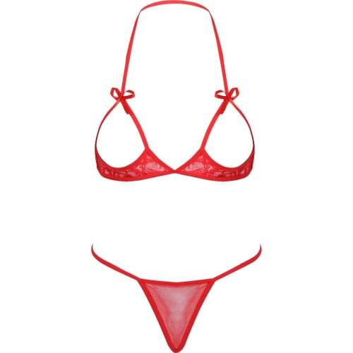 Womens Open Cup Halter Neck Bra with G-strings Thongs Briefs Lace Bowknot Lingerie Suit Two-Piece Bikini Set Nightwear