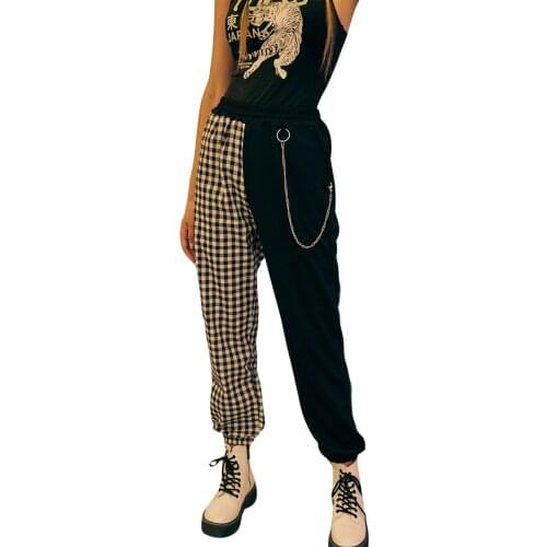 Women Jogger Pants Female High Elastic Waist Ankle-LengthTrousers Patchwork Plaid Casual Loose Decorative Chain Wear S-XL