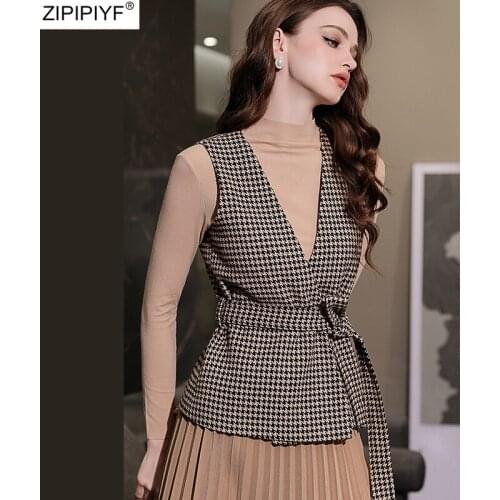 3 PCS Women Skirt Sets Elegant Ladies Long Sleeve Tops + V-Neck Plaid Woolen Vest+Pleated Skirt Suit