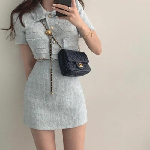 Korean Fashion Elegant Skirt Suits 2021 New Autumn Tweed Two Piece Set Women Outfits Crop Top Mini Skirt Set Vetement Femme