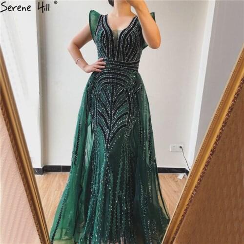 Serene Hill Dubai Green V-Neck Sexy Evening Dress 2021 Sleeveless Crystal Luxury Mermaid Women Formal Party Wear Gown CLA70198