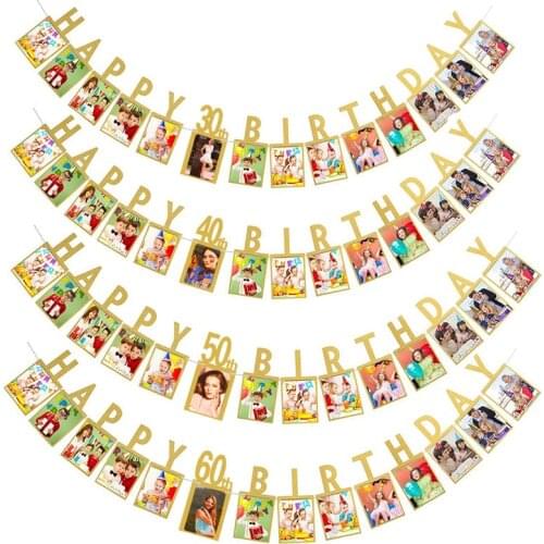 1Set 30th 40th 50th 60th Birthday Photo Banner Adult Birthday Party Bunting Garland 30 40 50 60 Old Year Anniversary Supplies