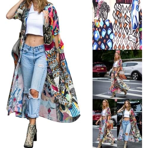 2020 Bohemian Printed Half Sleeve Summer Beach Wear Long Kimono Cardigan Cotton Tunic Women Tops Blouse Shirt Sarong plage