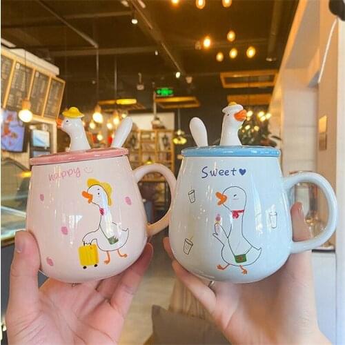 400ml Cartoon Duck Coffee Mug Creative Cute Couple Cup Milk Cup Office Cup with Lid Spoon Girl Gift Ceramic Beverage Cup