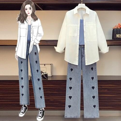 4235 # to film the new spring 2021 han edition white shirt embroidered vest love jeans three suits