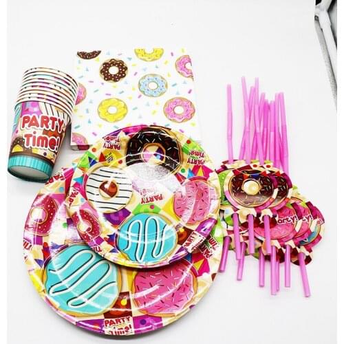 60pcs Doughnuts Birthday Party Tableware Set Plates Cups Napkins Tablecloths Straws Gift Bags Chocolate Donut Birthday Supplies