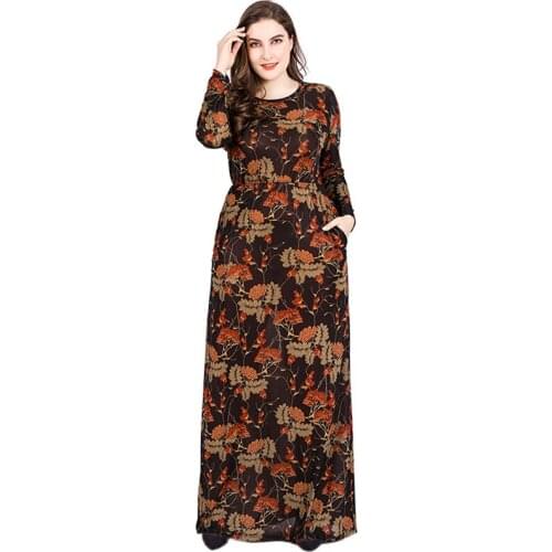 Abaya Dubai Turkey Muslim Long Skirt Fat Mm Plus Size Womens Round Neck Long Sleeve Printing Style Abayas For Women Dubai