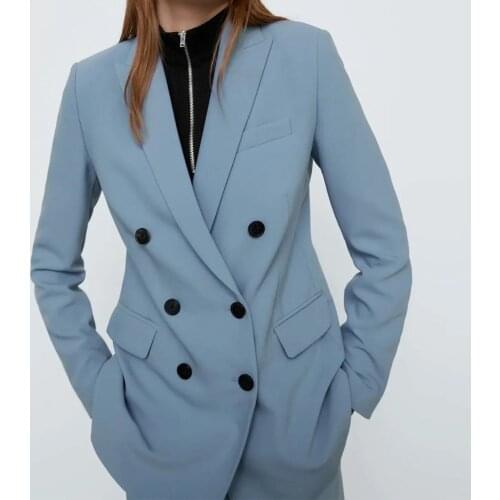 2021 spring Women Fashion lapel Double Breasted Loose Fitting Blazer Coat Vintage Long Sleeve Pockets Female Outerwear Chic Femm