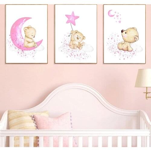 Baby Bear Animal Canvas Art Print Pink Stars Moon Painting Nursery Wall Art Poster Children Nordic Wall Pictures Girl Room Decor