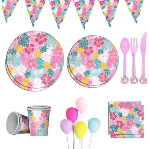 Hawaii Disposable Tableware Hawaiian Pineapple Party Tropical Pink Flower Rustic Aloha Wedding Birthday Party Jungle Safari