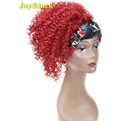 Joy&luck Short Afro Kinky Curly Headband Wig Synthetic Wigs for African Women Wigs with Bang Full Wig Burgundy Color Hair Style