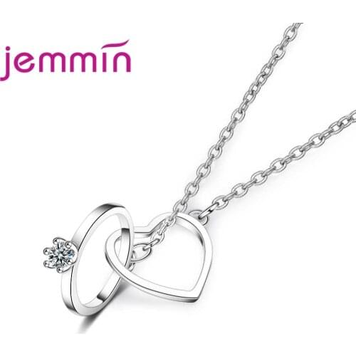 Concise Bridal Jewelry Ring Link Heart Pendant Necklace 925 Sterling Silver For Women Engagement Jewelry Birthday Gift