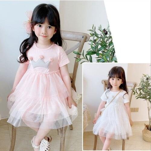 Summer Girl Fashion Dress Cartoon Net Yarn Casual Party Clothing Childrens Birthday Short-sleeved Cotton Princess Dresses