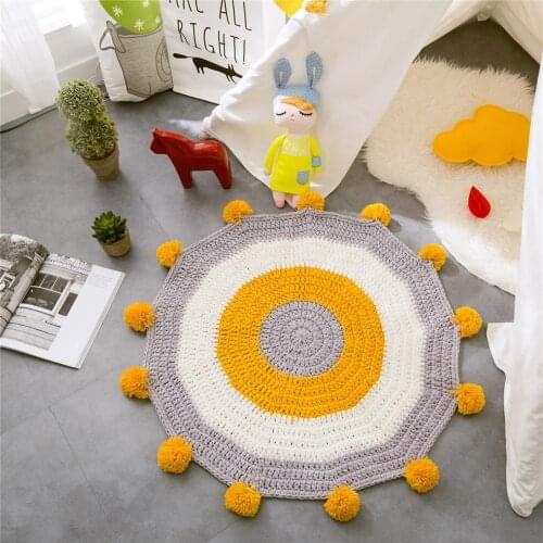 Cute Round Carpet Crochet Rug Mat for Kids Bedroom Hand-woven Floor Mat With Balls Circles Knitted Alfombra Home Decor 80x80cm