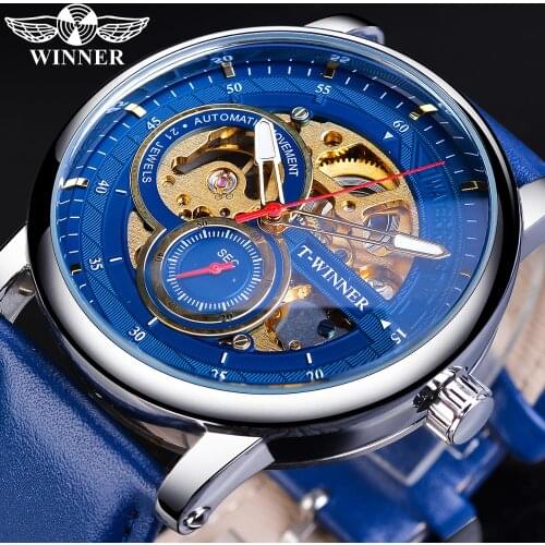 Winner Business Mechanical Mens Watch Blue Genuine Leather Strap Fashion Automatic Clock Luminous Hands Skeleton Dial Wristwatch