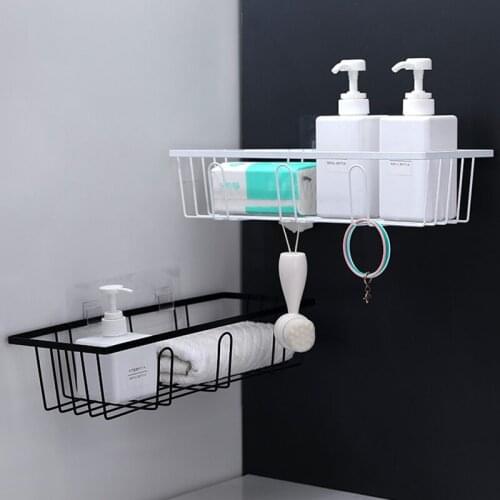 Wall Mount Drillless Iron Shelf Seamless Storage Rack with 3 Hooks Kitchen Bathroom Supplies HG99