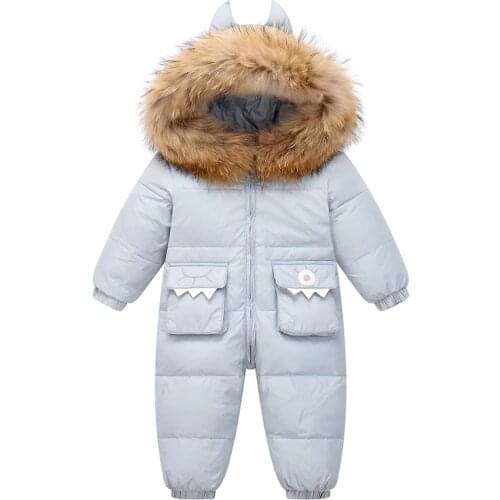 OLEKID 2021 Baby Winter Jumpsuit Cartoon Dinosaur Real Raccoon Fur Baby Girls Snowsuit Toddler Boys Winter Romper Infant Clothes