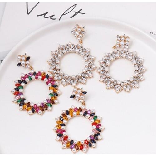 Wholesale JUJIA Jewelry Fashion Multi Glass Rhinestone Round Dangle Earring Womens Pearl Colorful Gem Earrings Gift