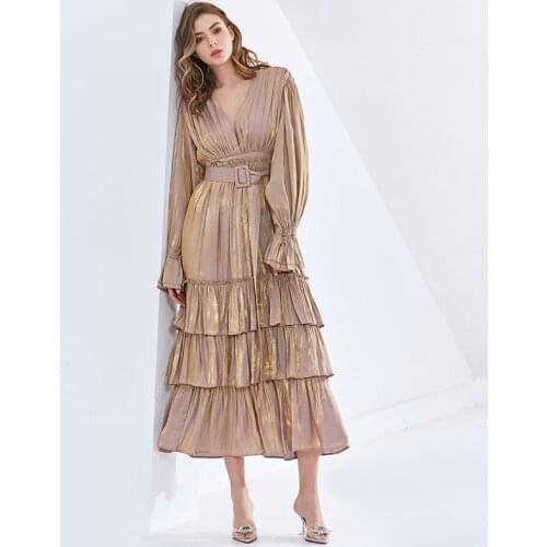 Sashes Midi Dresses For Women V Neck Long Sleeve High Waist Female Fashion New Tide Elegant Patchwork Ruffle Dress