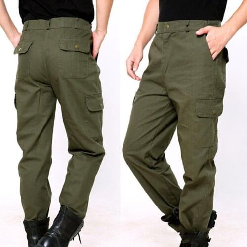 Casual Men Solid Color Thick Pockets Long Cargo Pants Straight Work Trousers