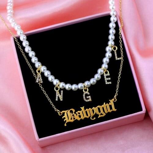 JUST FEEL Gold Color Babygirl Pendant Necklace For Women Multi Layer Crystal Angel Letter Pearl Chain Choker Necklaces Jewelry