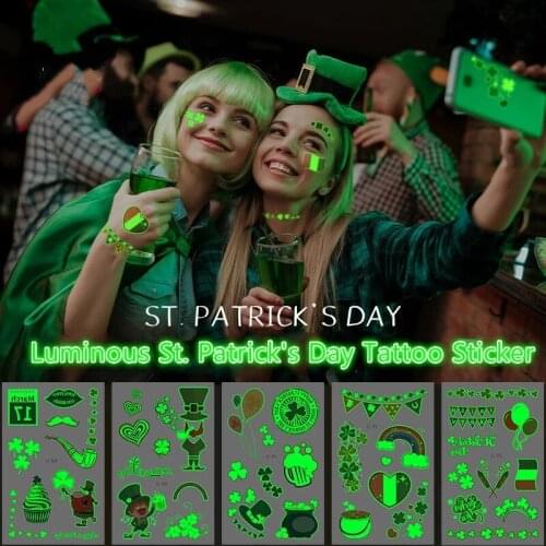 Luminous Ireland Four Leaf Clover Temporary Tattoos Sticker Saint Patricks Day Fake Tattoo Waterproof Tatoo Stickers Body Art