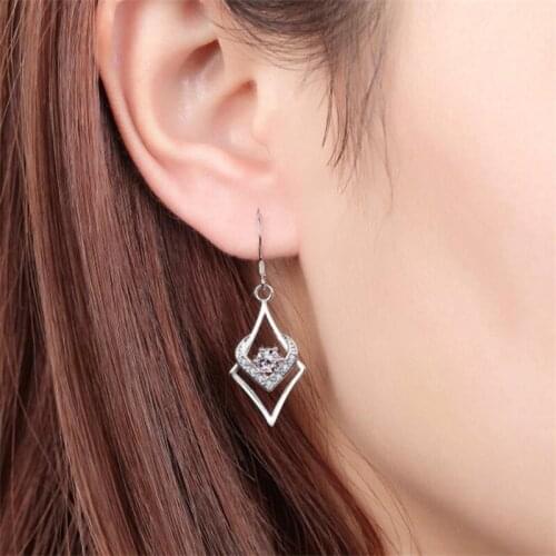 High Grade Silver Plated Girl Hanging Earring Long Drop Accessorie 2021 Trendy Rhombu Geometric Heart Earring For Women Jewelry