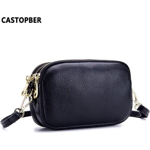 Ladies Small Crossbody Cow Genuine Real Leather 3 Zipper Layers Women Messenger Bags Shoulder With Wrist Strap Day Clutches Best