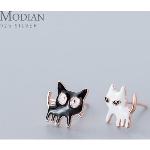 MODIAN White and Blace Enamel Cute Cat Stud Earring for Women Genuine 925 Sterling Silver Animal Ear Studs Fine Jewelry Kids Gif