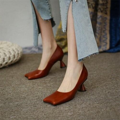 Real Leather Irregular Square Toe Women Shoes Thick-heeled Retro Womens Pumps Vintage Single Strange Style Heel Shallow Shoes